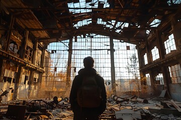 an engineer standing inside an immense, abandoned industrial complex