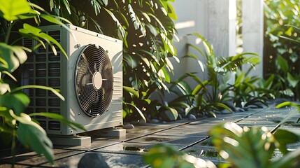 An air conditioning unit installed outside a modern building, surrounded by lush green plants - obrazy, fototapety, plakaty