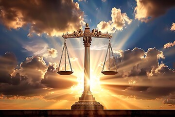 an awe-inspiring image of a balanced justice scale in front of a grand courthouse. - obrazy, fototapety, plakaty