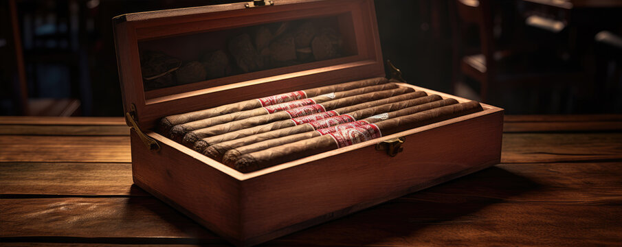 Vintage cigars in an open wooden box