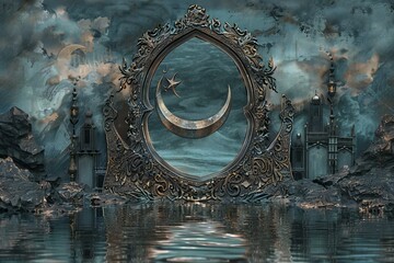 Ramadan Kareem background with mosque and crescent moon,   rendering - obrazy, fototapety, plakaty