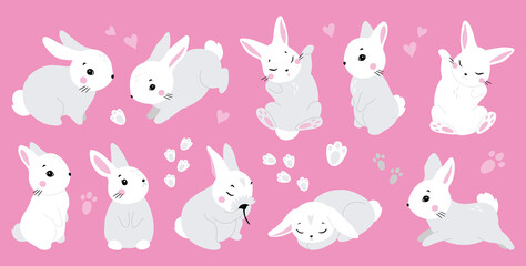 Cute white rabbit in various poses. Rabbit animal icon isolated on background. For Moon Festival, Chinese Lunar Year of the Rabbit, Easter decor. White Easter bunny, hare. Wild animals, baby animals
