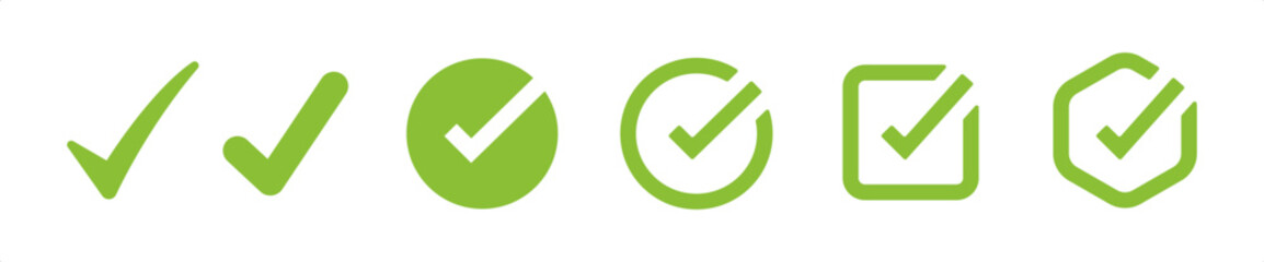 The check marks icon set. It includes approved, yes, right, accept, green, and more icons. Vector illustration sign.
