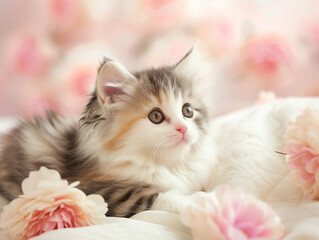 A fluffy tricolor kitten lies among soft pink blossoms on a white quilt. - obrazy, fototapety, plakaty