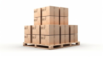 Stack of cardboard boxes or cargo box on wooden pallet isolated on white background.
