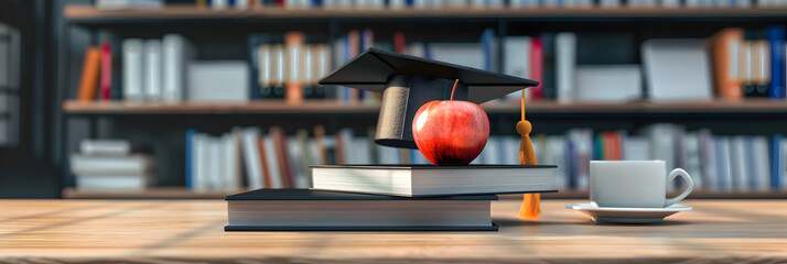 blurry background of a corner of library with book and apple in the front for education concept