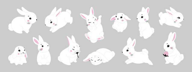 Cute white rabbit in various poses. Rabbit animal icon isolated on background. For Moon Festival, Chinese Lunar Year of the Rabbit, Easter decor. White Easter bunny, hare. Wild animals, baby animals