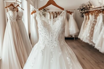 Fototapeta na wymiar Elegant white wedding dresses hanging on hangers in a luxurious bridal boutique salon