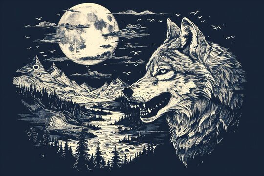 Wolf on the background of the moon and mountains,  Hand-drawn illustration