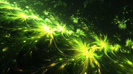 Fototapeta na wymiar Neon yellow and lime fractals dazzle dynamically against the black, like electrified fireworks.
