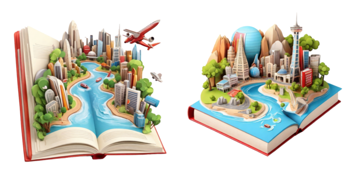 set of travel guide book isolated on transparent background