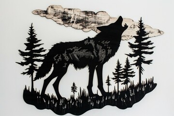 Illustration of a wolf on a white background with a silhouette of trees