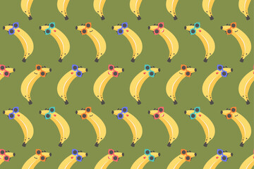 Banana seamless pattern on green background. Hand drawn cute smiling bananas in colored sunglasses. Banana cartoon characters. Vector illustration for wallpaper, textiles, printing, children products