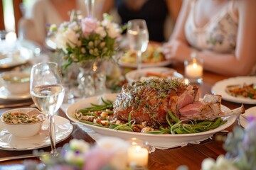 Easter festive dinner table, featuring a roasted lamb close up