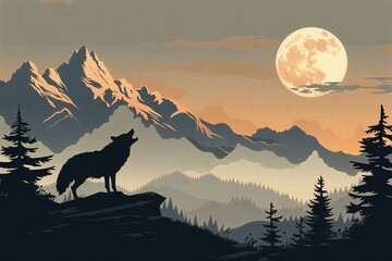 Vector illustration of a wolf in the mountains on a full moon background - obrazy, fototapety, plakaty