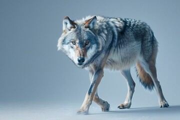 Walking gray wolf on a gray background,   rendering - obrazy, fototapety, plakaty