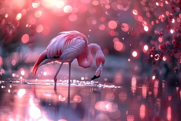 Pink Flamingo Drinking Water From Pond - obrazy, fototapety, plakaty