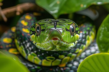 Fototapeta premium Detailed close up of a vibrant emerald green snake in its natural jungle habitat
