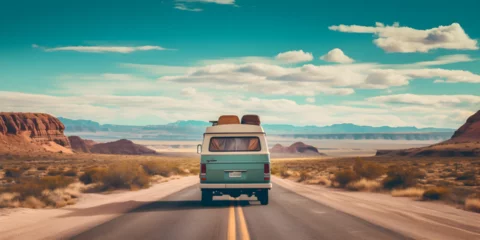 Plexiglas foto achterwand Illustration of an old van on the road, summer travel by a car theme © TatjanaMeininger