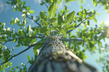 Fototapeta premium Big old tree with green leaves and sunbeams on blue sky background