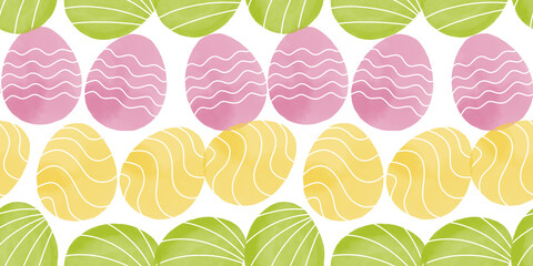 Cute illustration with colorful Easter eggs with watercolor texture, spring banner