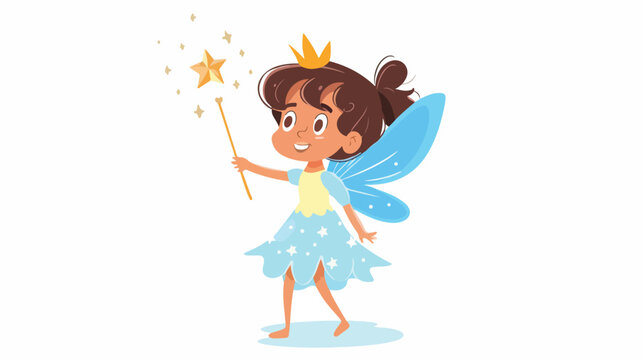 Vector cartoon little girl fairy with magic wand isolated