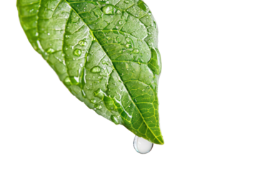 Green leaves have water droplets coming out of them.
.Isolated on white background.