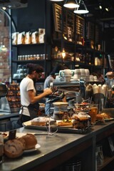 A bustling coffee shop with baristas busy behind the counter, serving up freshly brewed espresso drinks and gourmet sandwiches, Generative AI