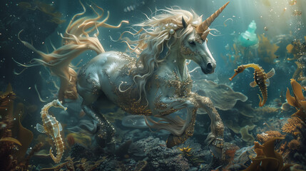 A white unicorn with shimmering golden scales mingling with seahorses in an underwater kingdom