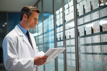 Fototapeta premium Male, 40, Canadian oncologist, reviewing patient charts in the oncology department