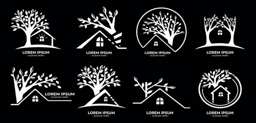 collection of tree houses with window vector logo on a black background. set of logos with houses and trees vector
