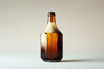 Empty brown glass bottle on a white background with a shadow on the surface