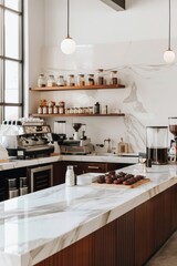 A chic espresso bar with sleek marble countertops, minimalist décor, and a curated selection of specialty coffee beans from around the world, Generative AI