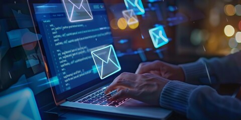 A person is typing on a laptop with a blue screen that has many emails on it