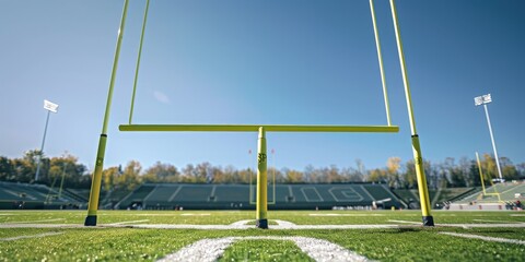 A football field with a yellow goal post and a blue sky