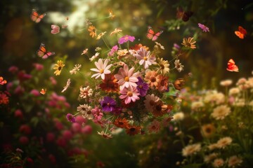 Levitating spring flowers in a garden, butterflies, wallpaper background, copy space