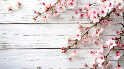 Cherry blossoms on wooden white background