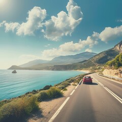 car driving on the summer road near ocean side. vacation sunny road car concept. banner