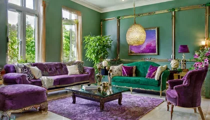 Schilderijen op glas Luxuriöses Wohnzimmer in grün und lila © thingamajiggs