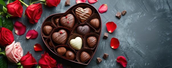 Valentine chocolates in heart shaped box on grey background. copy space for text
