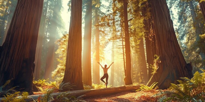 A woman is doing yoga in a forest