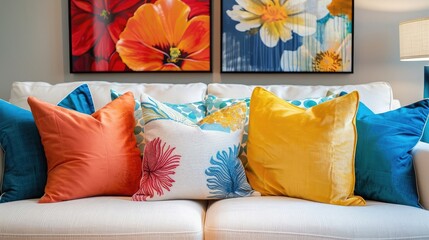 A lively and inviting living room scene featuring a couch adorned with a variety of colorful decorative pillows, under a bright floral art piece.