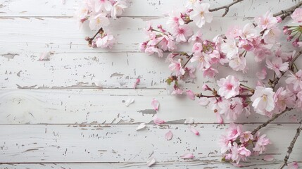 pink Cherry blossoms on wooden white background