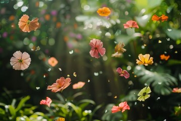 Levitating spring flowers in a garden and petals, wallpaper background