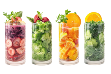Four healthy fresh fruit and vegetable smoothies
.isolated on white background