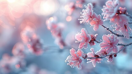 Frosty Pink Blossoms, Glittering Ice Crystals, Magical Winter Flora - obrazy, fototapety, plakaty