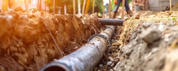 Sewage pipes instaling on the construction of a house