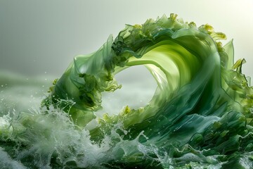 Green abstract seaweed with water splashes,   render illustration - obrazy, fototapety, plakaty