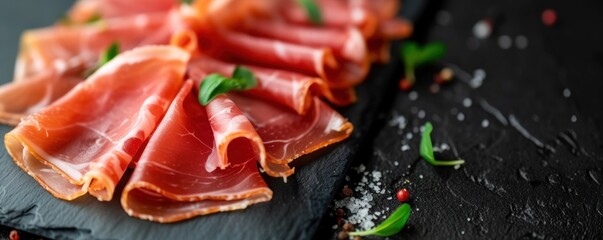 Spanish jamon ham sliced on black modern slate top view. banner.