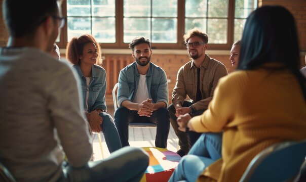 People therapy session concept. group of people talks about addictions. banner.